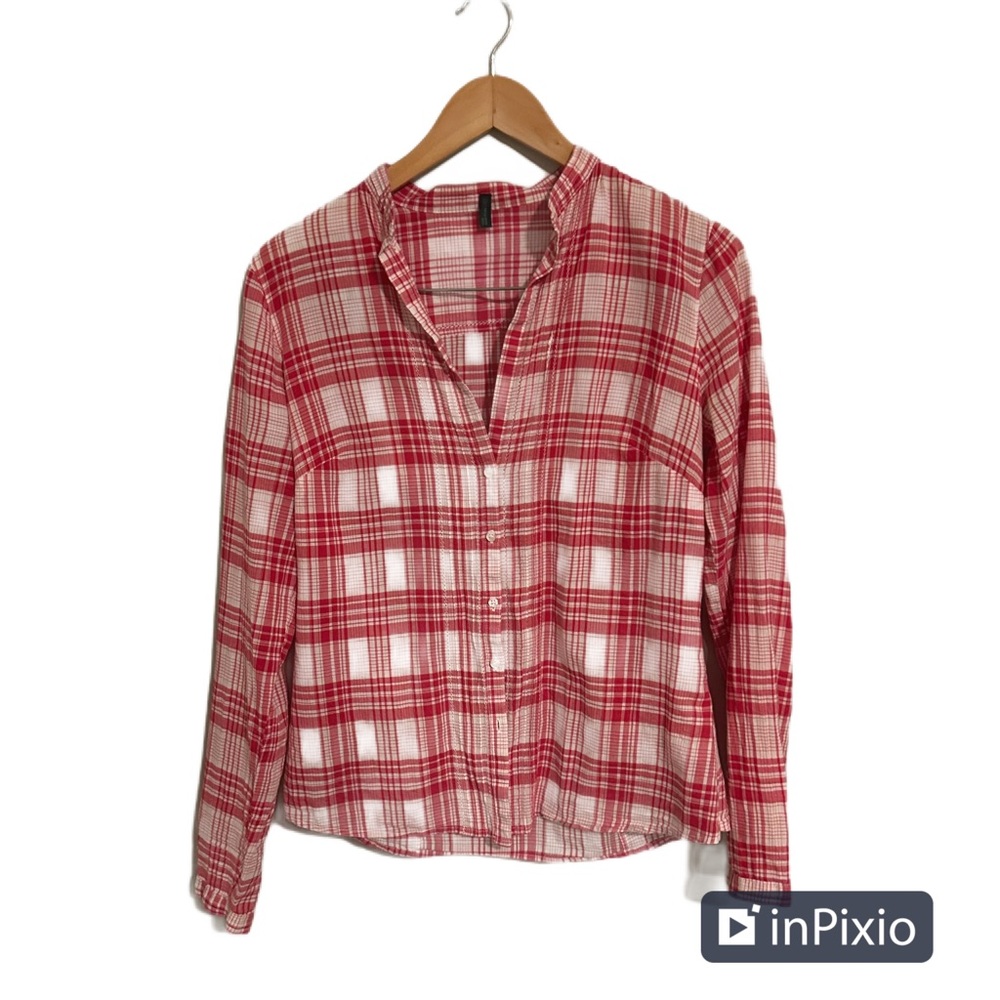 Yk2 United Colors of Benetton Plaid Button Down V-neck Women's Shirt SZ M